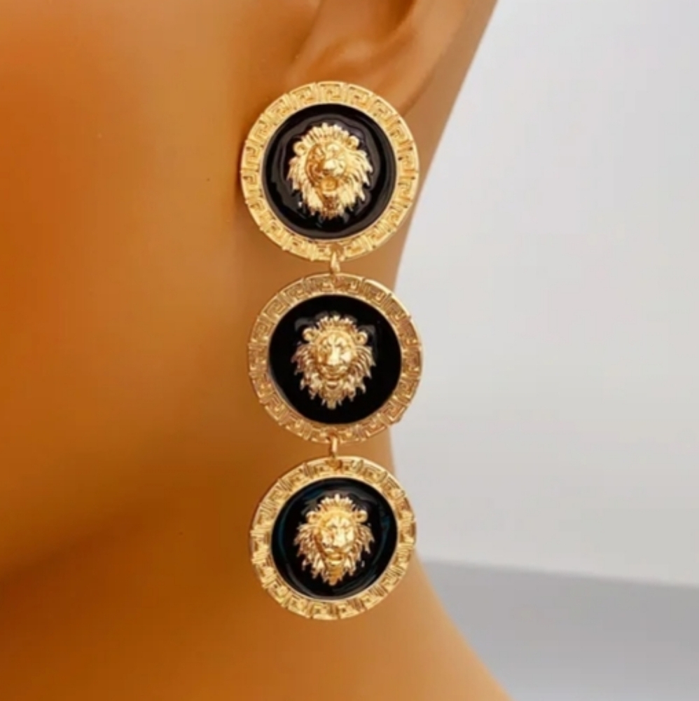 Gold & Black Lion Dangle Earrings